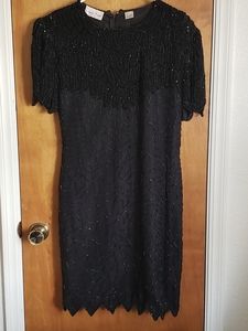 VINTAGE Laurence Kazar beaded silk dress/puffed sleeve